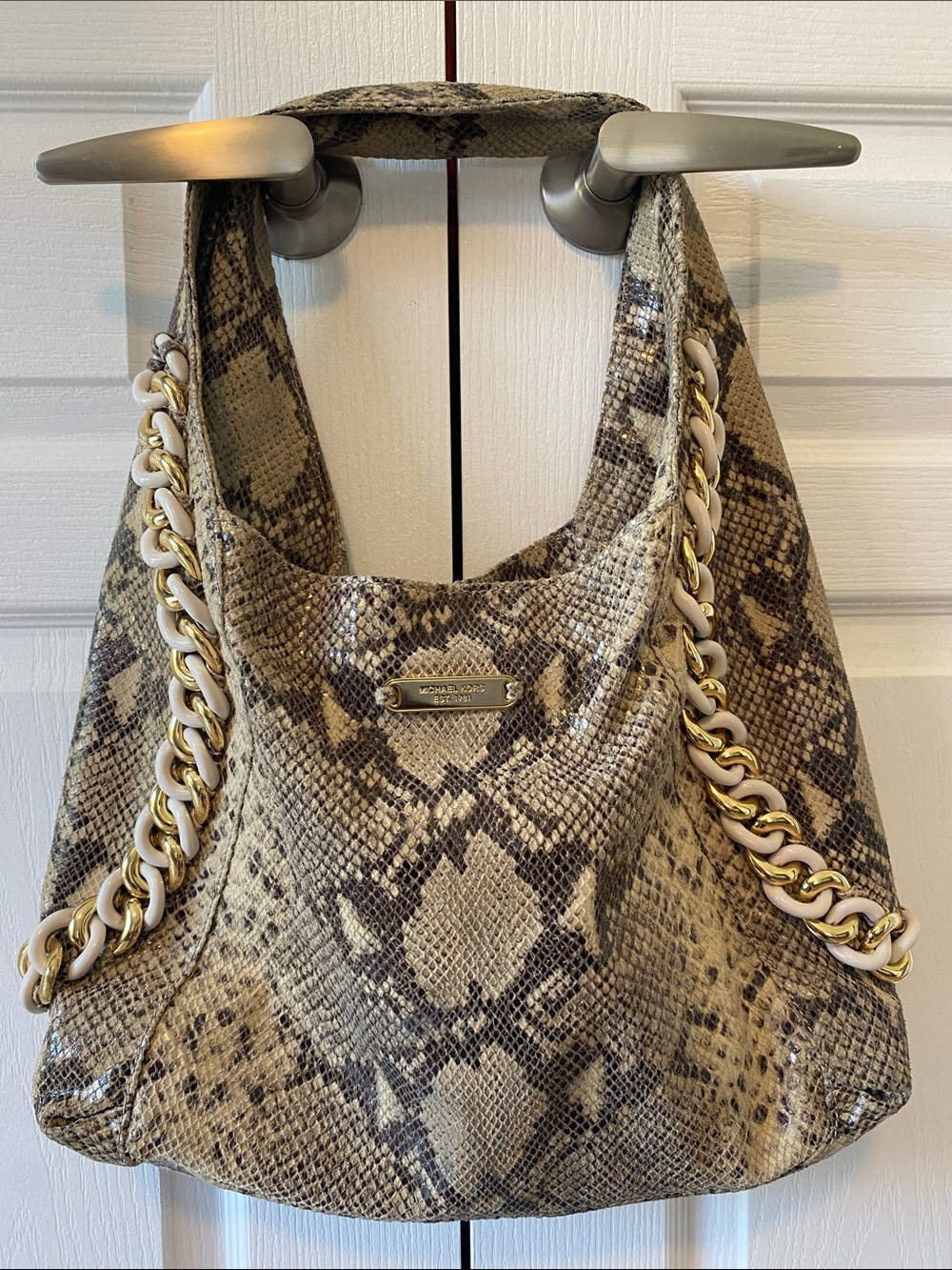 Michael Kors Snake-Print Shoulder Hobo Bag in Beige/Brown